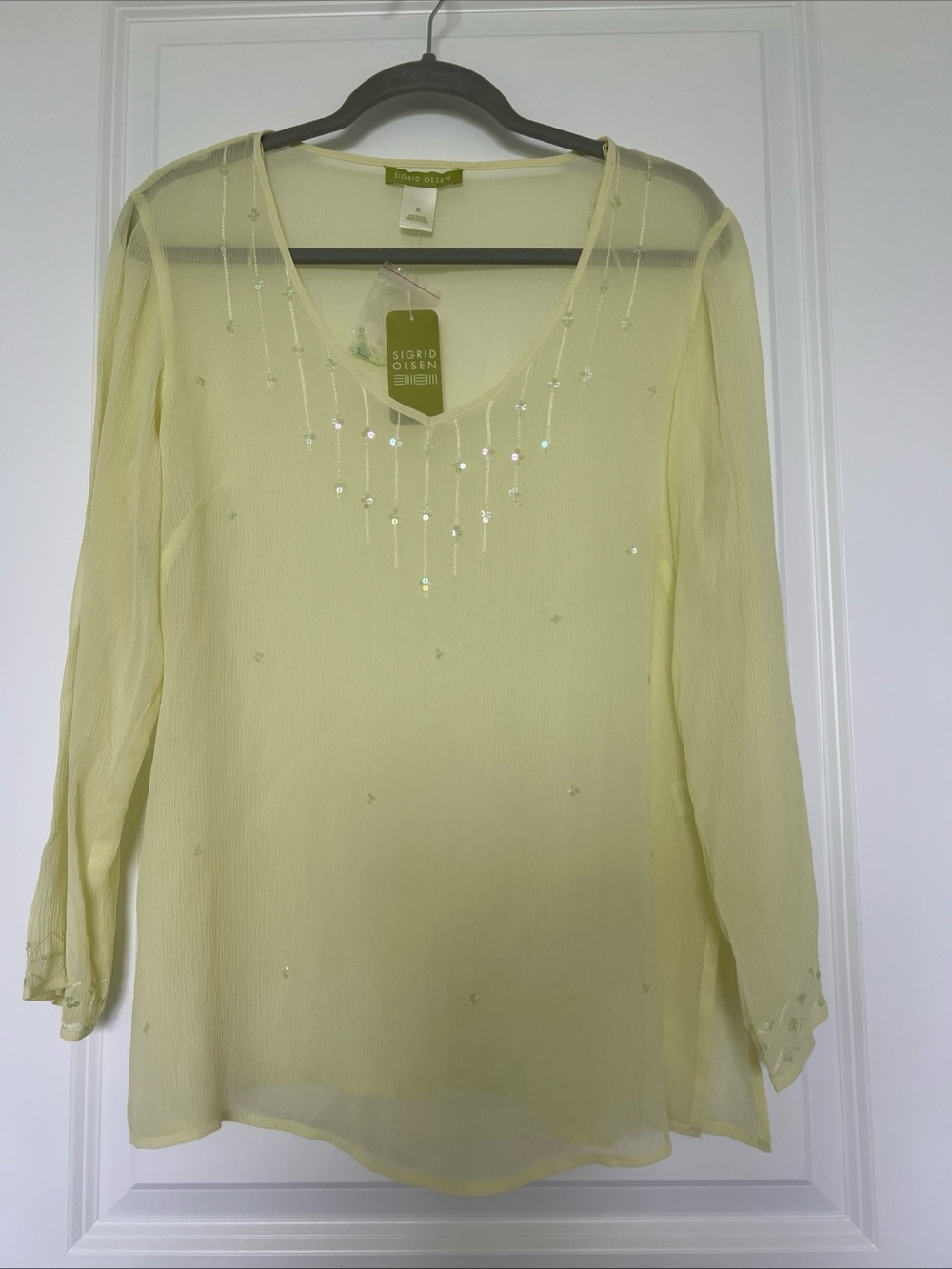 Sigrid Olsen Yellow 100% silk Beaded sheer V-Neck Women's blouse/tunic  M NWT